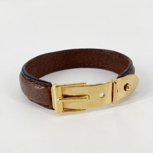 Gucci Brown Leather Gold Belt Buckle Bangle Bracelet